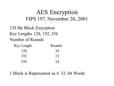 AES Encryption FIPS 197, November 26, 2001 128 Bit Block Encryption Key Lengths 128, 192, 256 Number of Rounds Key Length Rounds 12810 19212 25614 1 Block.