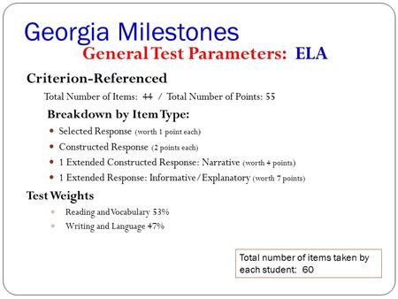 Georgia Milestones General Test Parameters: ELA Criterion-Referenced Total Number of Items: 44 / Total Number of Points: 55 Breakdown by Item Type: Selected.