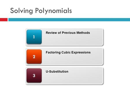 Solving Polynomials 33 22 11 Review of Previous Methods Factoring Cubic Expressions U-Substitution.