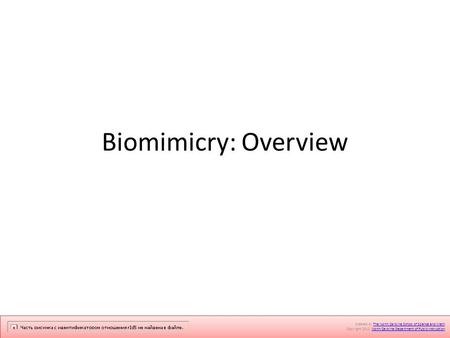 Biomimicry: Overview Created by The North Carolina School of Science and Math.The North Carolina School of Science and Math Copyright 2012. North Carolina.