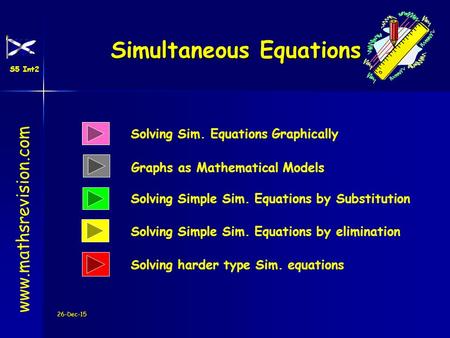 26-Dec-15 Solving Sim. Equations Graphically Solving Simple Sim. Equations by Substitution Simultaneous Equations www.mathsrevision.com Solving Simple.