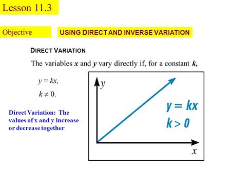 U SING D IRECT AND I NVERSE V ARIATION D IRECT V ARIATION The variables x and y vary directly if, for a constant k, k  0. y = kx, Objective Lesson 11.3.