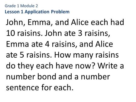 Grade 1 Module 2 Lesson 1 Application Problem John, Emma, and Alice each had 10 raisins. John ate 3 raisins, Emma ate 4 raisins, and Alice ate 5 raisins.