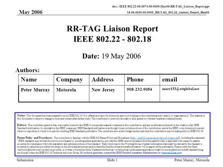 Doc.: IEEE 802.22-06-0074-00-0000-Mar06-RR-TAG_Liaison_Report.ppt 18-06-0030-00-0000_RR-TAG_802.22_Liaison_Report_May06 Submission May 2006 Peter Murray,