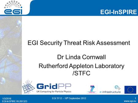 Www.egi.eu EGI-InSPIRE RI-261323 EGI-InSPIRE www.egi.eu EGI-InSPIRE RI-261323 EGI Security Threat Risk Assessment Dr Linda Cornwall Rutherford Appleton.
