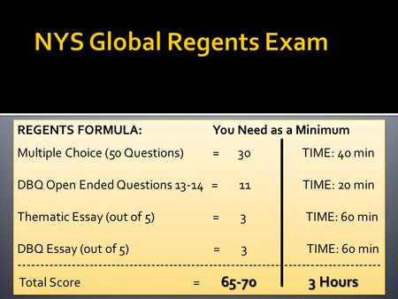 REGENTS FORMULA: You Need as a Minimum Multiple Choice (50 Questions) = 30 TIME: 40 min DBQ Open Ended Questions 13-14 = 11 TIME: 20 min Thematic Essay.