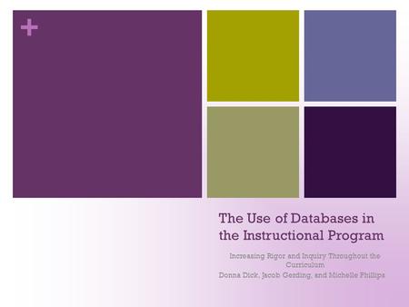 + The Use of Databases in the Instructional Program Increasing Rigor and Inquiry Throughout the Curriculum Donna Dick, Jacob Gerding, and Michelle Phillips.