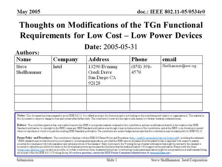 Doc.: IEEE 802.11-05/0534r0 Submission May 2005 Steve Shellhammer, Intel CorporationSlide 1 Thoughts on Modifications of the TGn Functional Requirements.