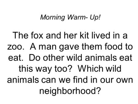 Morning Warm- Up! The fox and her kit lived in a zoo. A man gave them food to eat. Do other wild animals eat this way too? Which wild animals can we find.