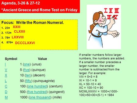 Agenda, 3-26 & 27-12 *Ancient Greece and Rome Test on Friday Focus: Write the Roman Numeral. 1. 23= 2. 172= 3. 78= 4.876= SymbolValue I1 (one) (unus)one.