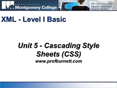 Unit 5 - Cascading Style Sheets (CSS) www.profburnett.com XML - Level I Basic.