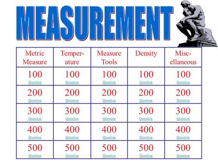 Metric Measure Temper- ature Measure Tools DensityMisc- ellaneous 100 Question 100 Question Question 100 Question Question 100 Question Question 100 Question.