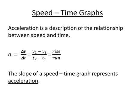 Speed – Time Graphs. SlopeExampleInterpretation high positive value high acceleration rapid increase in speed low positive value low acceleration slow.