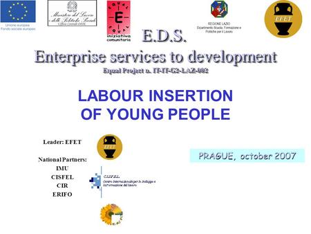 LABOUR INSERTION OF YOUNG PEOPLE E.D.S. Enterprise services to development Equal Project n. IT-IT-G2-LAZ-002 E.D.S. Enterprise services to development.