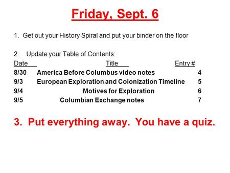 Friday, Sept. 6 1. Get out your History Spiral and put your binder on the floor 2. Update your Table of Contents: DateTitleEntry # 8/30America Before Columbus.
