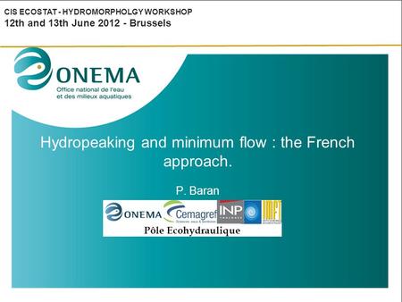 Hydropeaking and minimum flow : the French approach. P. Baran CIS ECOSTAT - HYDROMORPHOLGY WORKSHOP 12th and 13th June 2012 - Brussels Pôle Ecohydraulique.