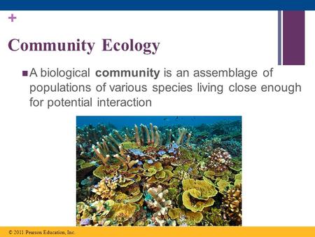 Community Ecology A biological community is an assemblage of populations of various species living close enough for potential interaction © 2011 Pearson.