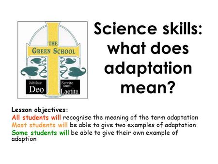 Science skills: what does adaptation mean? Lesson objectives: All students will recognise the meaning of the term adaptation Most students will be able.