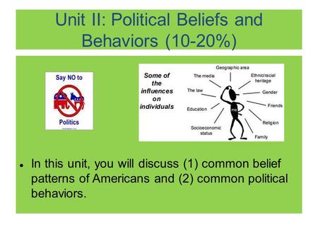 Unit II: Political Beliefs and Behaviors (10-20%) ● In this unit, you will discuss (1) common belief patterns of Americans and (2) common political behaviors.