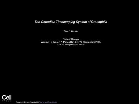 The Circadian Timekeeping System of Drosophila Paul E. Hardin Current Biology Volume 15, Issue 17, Pages R714-R722 (September 2005) DOI: 10.1016/j.cub.2005.08.019.