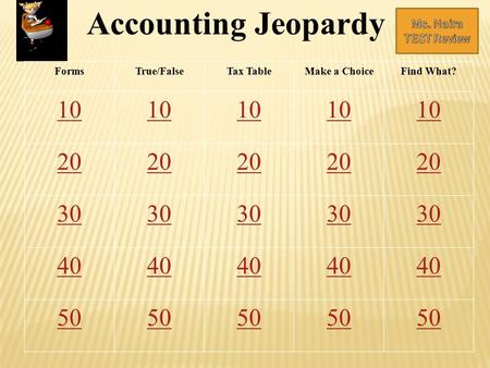 Accounting Jeopardy FormsTrue/FalseTax TableMake a ChoiceFind What? 10 20 30 40 50.
