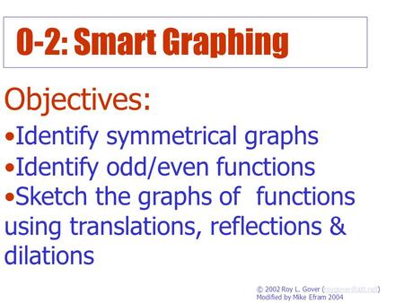 0-2: Smart Graphing Objectives: Identify symmetrical graphs