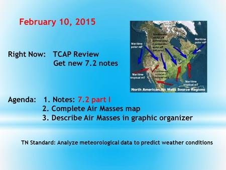 Right Now: TCAP Review Get new 7.2 notes Agenda: 1. Notes: 7.2 part I 2. Complete Air Masses map 3. Describe Air Masses in graphic organizer TN Standard: