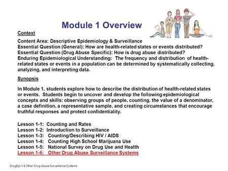 DrugEpi 1-6 Other Drug Abuse Surveillance Systems Module 1 Overview Context Content Area: Descriptive Epidemiology & Surveillance Essential Question (General):