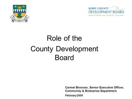 Role of the County Development Board Carmel Brosnan, Senior Executive Officer, Community & Enterprise Department February 2009.