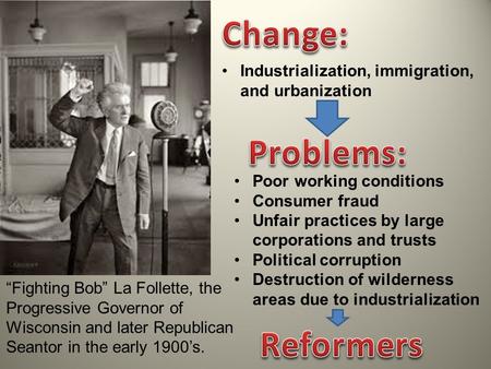 “Fighting Bob” La Follette, the Progressive Governor of Wisconsin and later Republican Seantor in the early 1900’s. Industrialization, immigration, and.