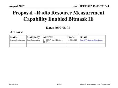Doc.: IEEE 802.11-07/2215r4 Submission August 2007 Ganesh Venkatesan, Intel CorporationSlide 1 Proposal –Radio Resource Measurement Capability Enabled.