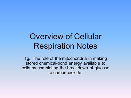 Overview of Cellular Respiration Notes 1g. The role of the mitochondria in making stored chemical-bond energy available to cells by completing the breakdown.