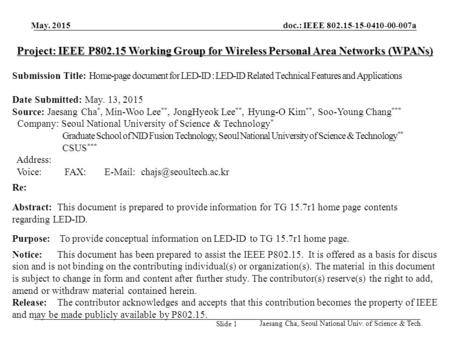 Project: IEEE P802.15 Working Group for Wireless Personal Area Networks (WPANs) Submission Title: Home-page document for LED-ID : LED-ID Related Technical.