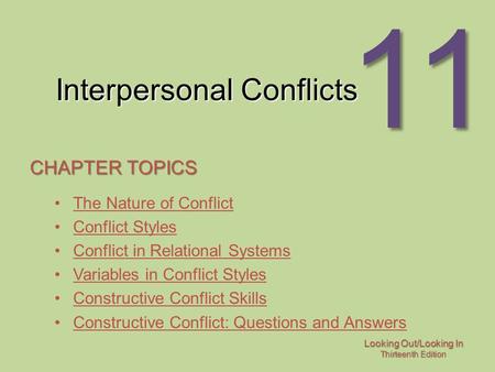 Looking Out/Looking In Thirteenth Edition 11 Interpersonal Conflicts CHAPTER TOPICS The Nature of Conflict Conflict Styles Conflict in Relational Systems.