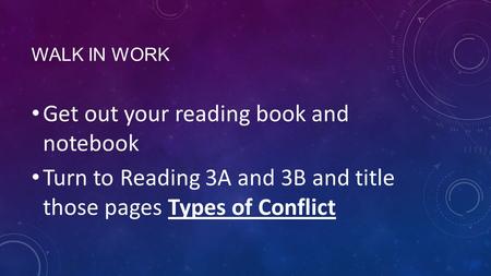 WALK IN WORK Get out your reading book and notebook Turn to Reading 3A and 3B and title those pages Types of Conflict.