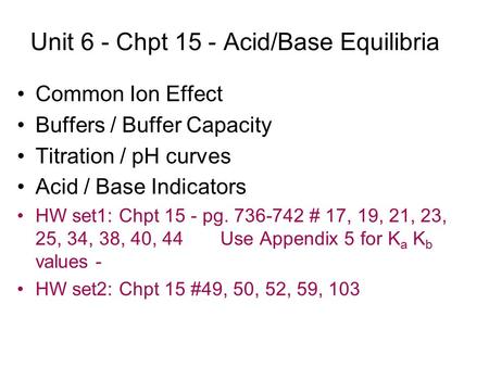 Unit 6 - Chpt 15 - Acid/Base Equilibria Common Ion Effect Buffers / Buffer Capacity Titration / pH curves Acid / Base Indicators HW set1: Chpt 15 - pg.