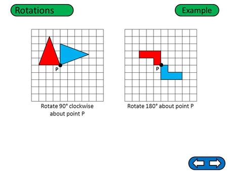 Rotations Rotate 180° about point PRotate 90° clockwise about point P Example P P.