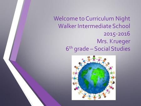 Welcome to Curriculum Night Walker Intermediate School 2015-2016 Mrs. Krueger 6 th grade – Social Studies.