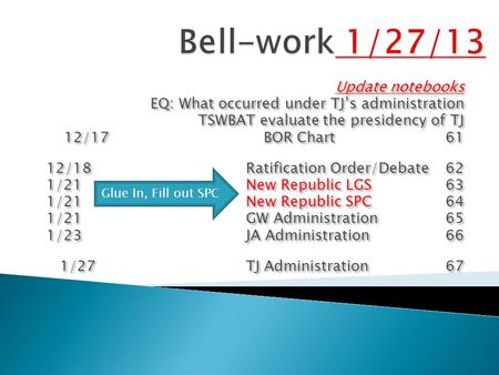 Update notebooks EQ: What occurred under TJ’s administration TSWBAT evaluate the presidency of TJ 12/17BOR Chart 61 12/18Ratification Order/Debate62 1/21New.