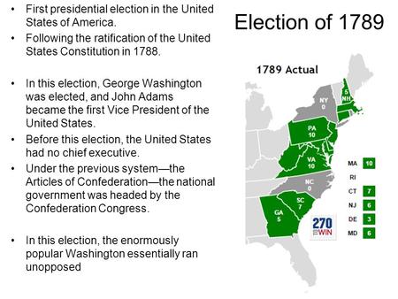 Election of 1789 First presidential election in the United States of America. Following the ratification of the United States Constitution in 1788. In.