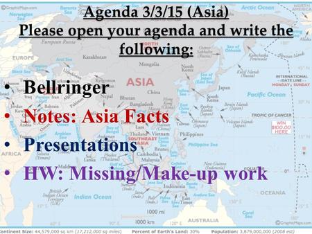 Agenda 3/3/15 (Asia) Please open your agenda and write the following: Bellringer Notes: Asia Facts Presentations HW: Missing/Make-up work.