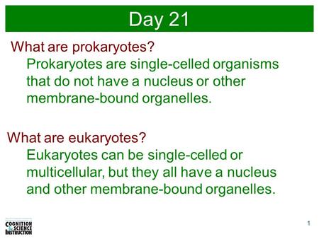 1 Day 21 What are prokaryotes? Prokaryotes are single-celled organisms that do not have a nucleus or other membrane-bound organelles. What are eukaryotes?