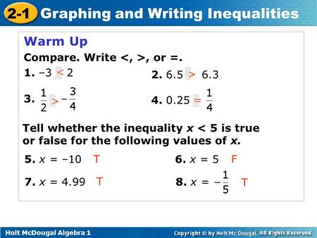 Holt McDougal Algebra 1 2-1 Graphing and Writing Inequalities Warm Up Compare. Write, or =. 1. –3 2 3. 2. 6.5 6.3 < > > 4. 0.25= Tell whether the inequality.