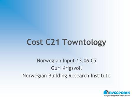 Cost C21 Towntology Norwegian Input 13.06.05 Guri Krigsvoll Norwegian Building Research Institute.
