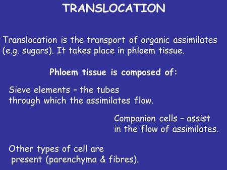 TRANSLOCATION Translocation is the transport of organic assimilates (e.g. sugars). It takes place in phloem tissue. Phloem tissue is composed of: Sieve.