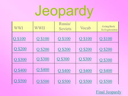 Jeopardy WWIWWII Russia/ Soviets Vocab Going Back To Exploration Q $100 Q $200 Q $300 Q $400 Q $500 Q $100 Q $200 Q $300 Q $400 Q $500 Final Jeopardy.