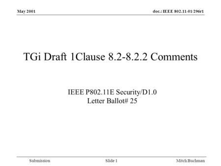 Doc.: IEEE 802.11-01/296r1 SubmissionMitch Buchman May 2001 Slide 1 TGi Draft 1Clause 8.2-8.2.2 Comments IEEE P802.11E Security/D1.0 Letter Ballot# 25.