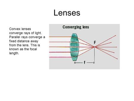 Lenses Convex lenses converge rays of light. Parallel rays converge a fixed distance away from the lens. This is known as the focal length.