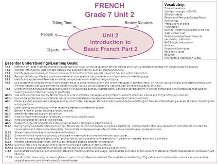 FRENCH Grade 7 Unit 2 Unit 2 Introduction to Basic French Part 2 People Telling Time Objects Review Numbers Essential Understandings/Learning Goals: R1.1.