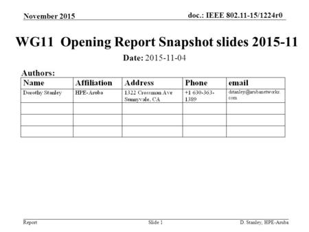Doc.: IEEE 802.11-15/1224r0 Report November 2015 D. Stanley, HPE-ArubaSlide 1 WG11 Opening Report Snapshot slides 2015-11 Date: 2015-11-04 Authors:
